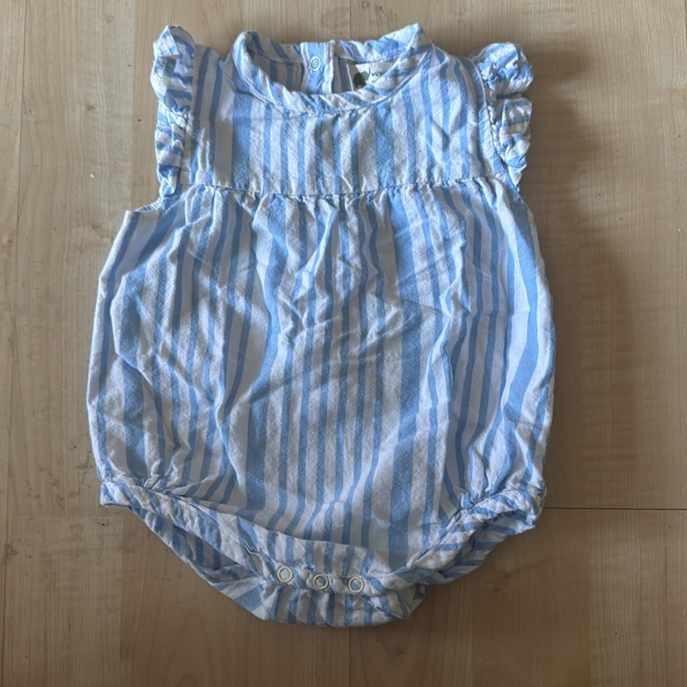 Monica + Andy Girls Blue and White 100% Organic Cotton Romper | 3 - 6 mos